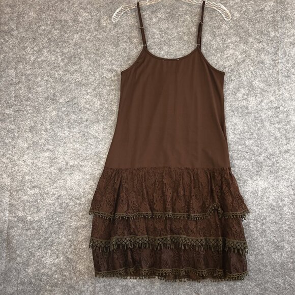VTG Dress Women Med Brown Lace Crochet Boho Cottage Core Layered Outfit 2 Pc Set - Picture 4 of 16